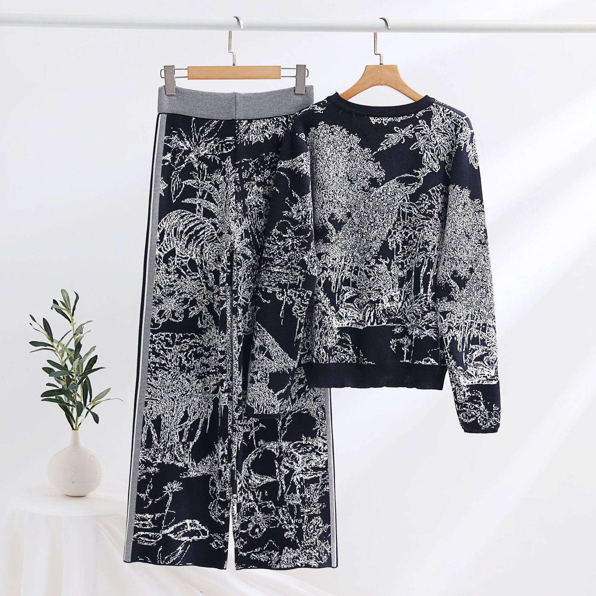 Knitting Patterns Two-piece Set Pullover Long Sleeve Sweater High Waist Wide Leg Top Suit Grayceful LLC
