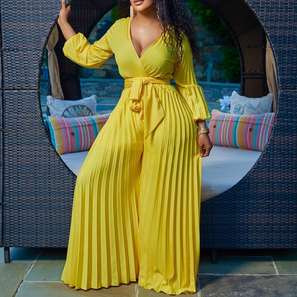 V-neck Lace Up Pleated Wide-leg Plus Size Jumpsuit See size chart under “more details” The Fashion Celestial