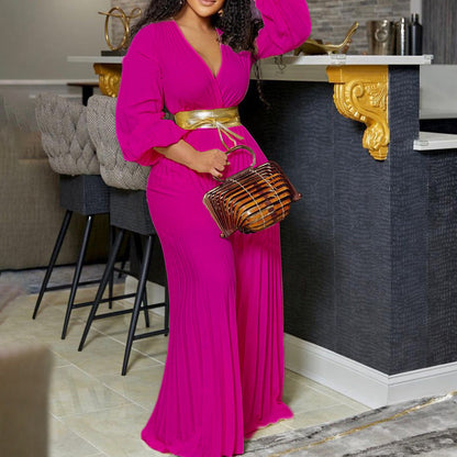 V-neck Lace Up Pleated Wide-leg Plus Size Jumpsuit See size chart under “more details” The Fashion Celestial