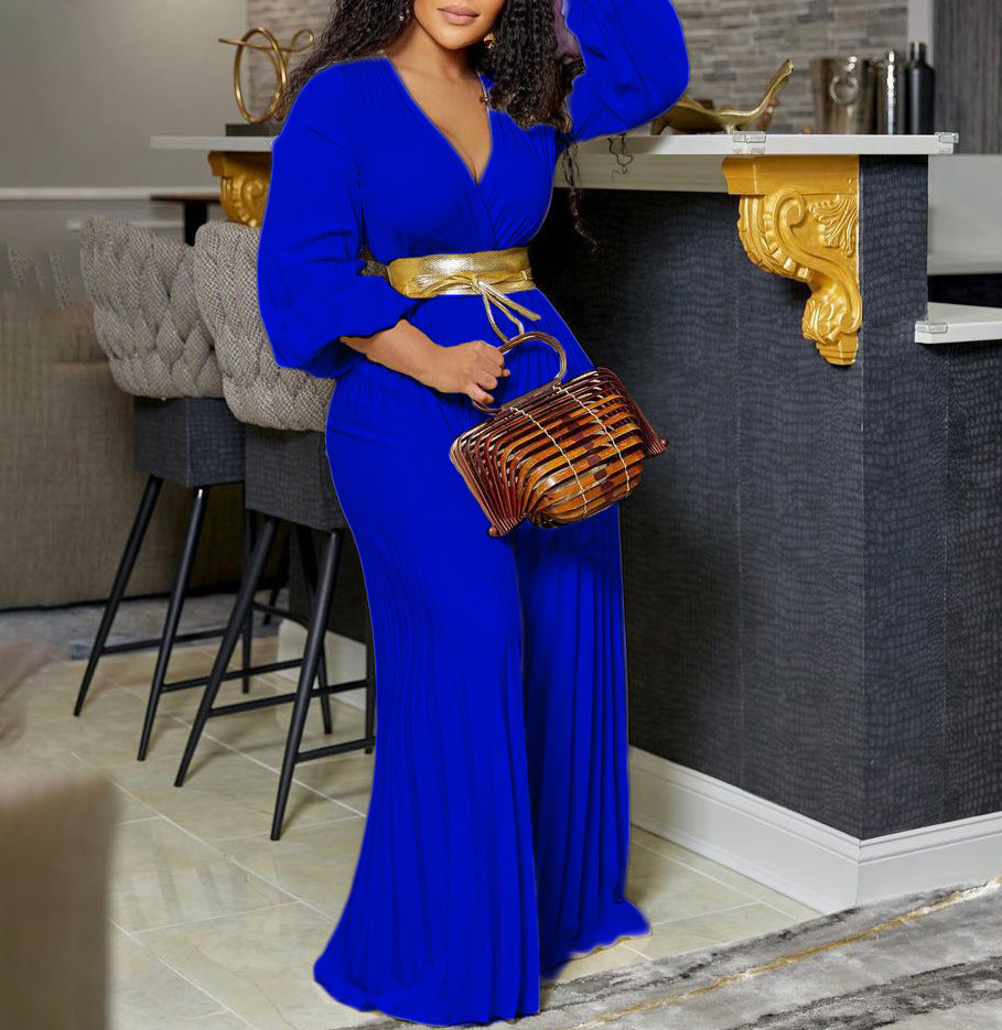 V-neck Lace Up Pleated Wide-leg Plus Size Jumpsuit See size chart under “more details” The Fashion Celestial