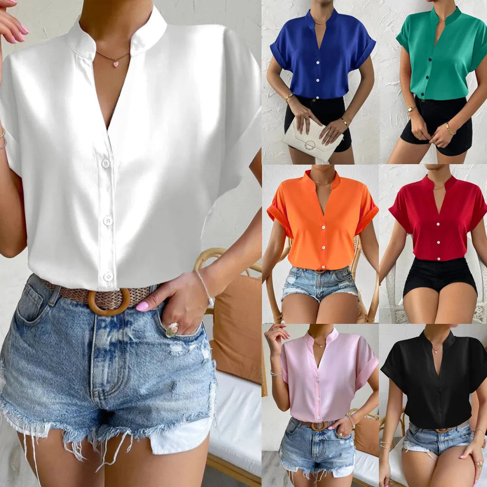 🧡 Summer Women's Satin V-Neck Short Sleeve Shirt – Elegant Casual Wear FitiqueFit