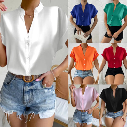 🧡 Summer Women's Satin V-Neck Short Sleeve Shirt – Elegant Casual Wear FitiqueFit