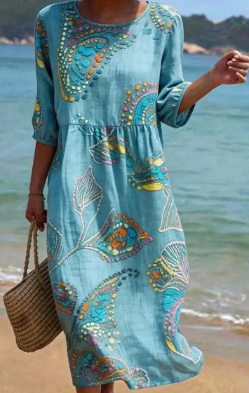 Women's 3D Floral Print Long-Sleeve A-Line Dress – Crew Neck Loose Fit FitiqueFit