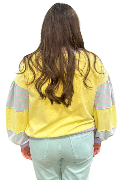 Yellow Striped Colorblock Patchwork Plus Size Pullover Sweatshirt Garden Naked Curves