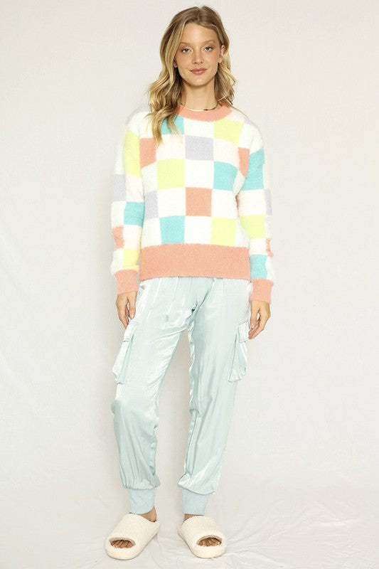 Fuzzy multicolor check sweater Shop Style & More | Fresh Looks, Everyday Deals & Free Shipping