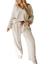 Khaki Stripe Plus Size Collared V Neck Loose Pullover Drawstring Elastic Waist Wide Leg Pant Set Garden Naked Curves
