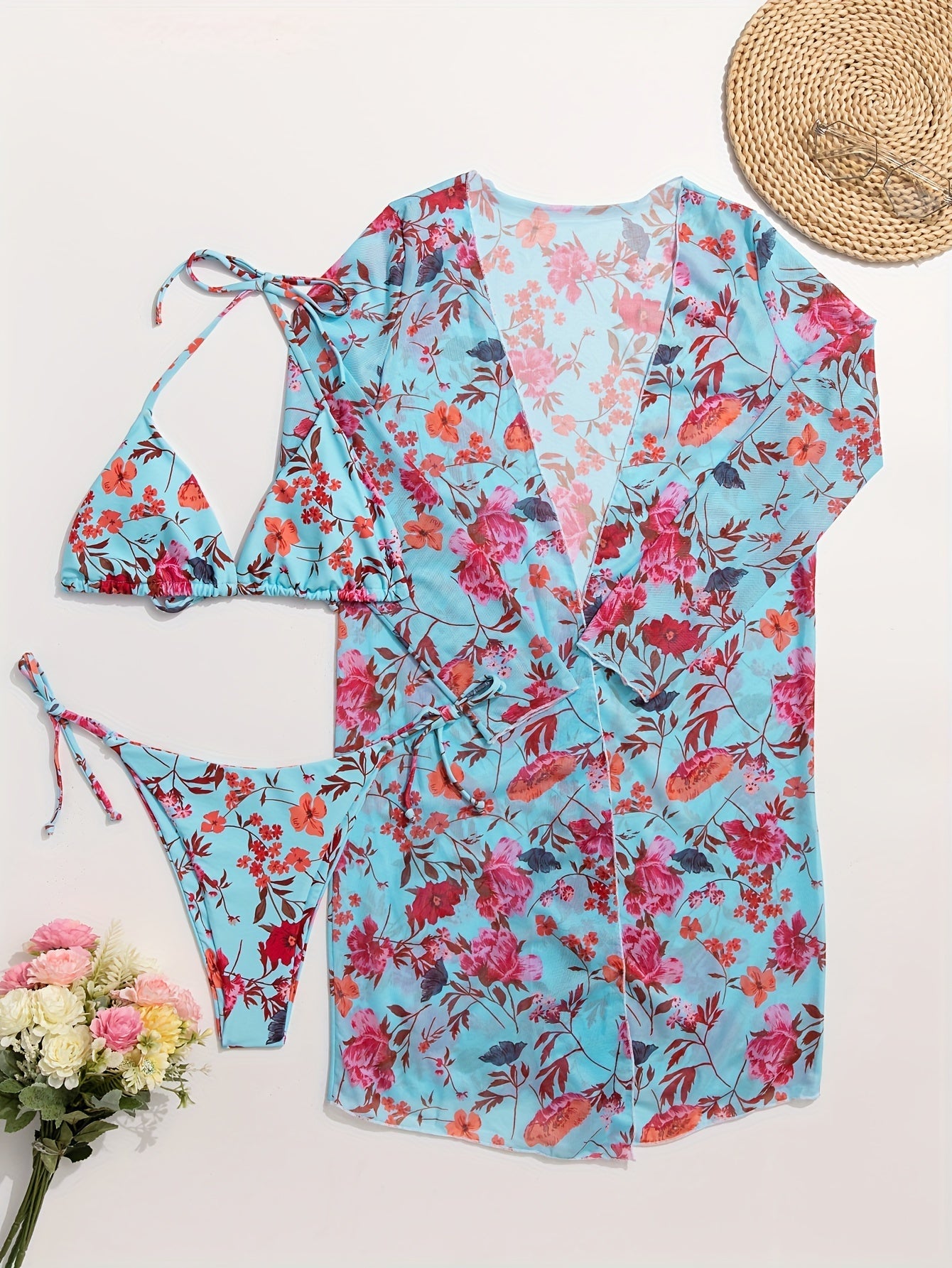 Bikini European Style Floral Print 3 Piece Swimsuit Set for Women – Sexy V Neck Bikini with Cross Strap Detail and Matching Long Sleeve Cover-Up – High Stretch Trendy Swimwear for Summer Beach Vacations Resort Looks and Poolside Fashion Stevvex