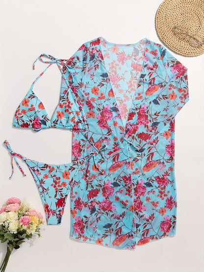 Bikini European Style Floral Print 3 Piece Swimsuit Set for Women – Sexy V Neck Bikini with Cross Strap Detail and Matching Long Sleeve Cover-Up – High Stretch Trendy Swimwear for Summer Beach Vacations Resort Looks and Poolside Fashion Stevvex
