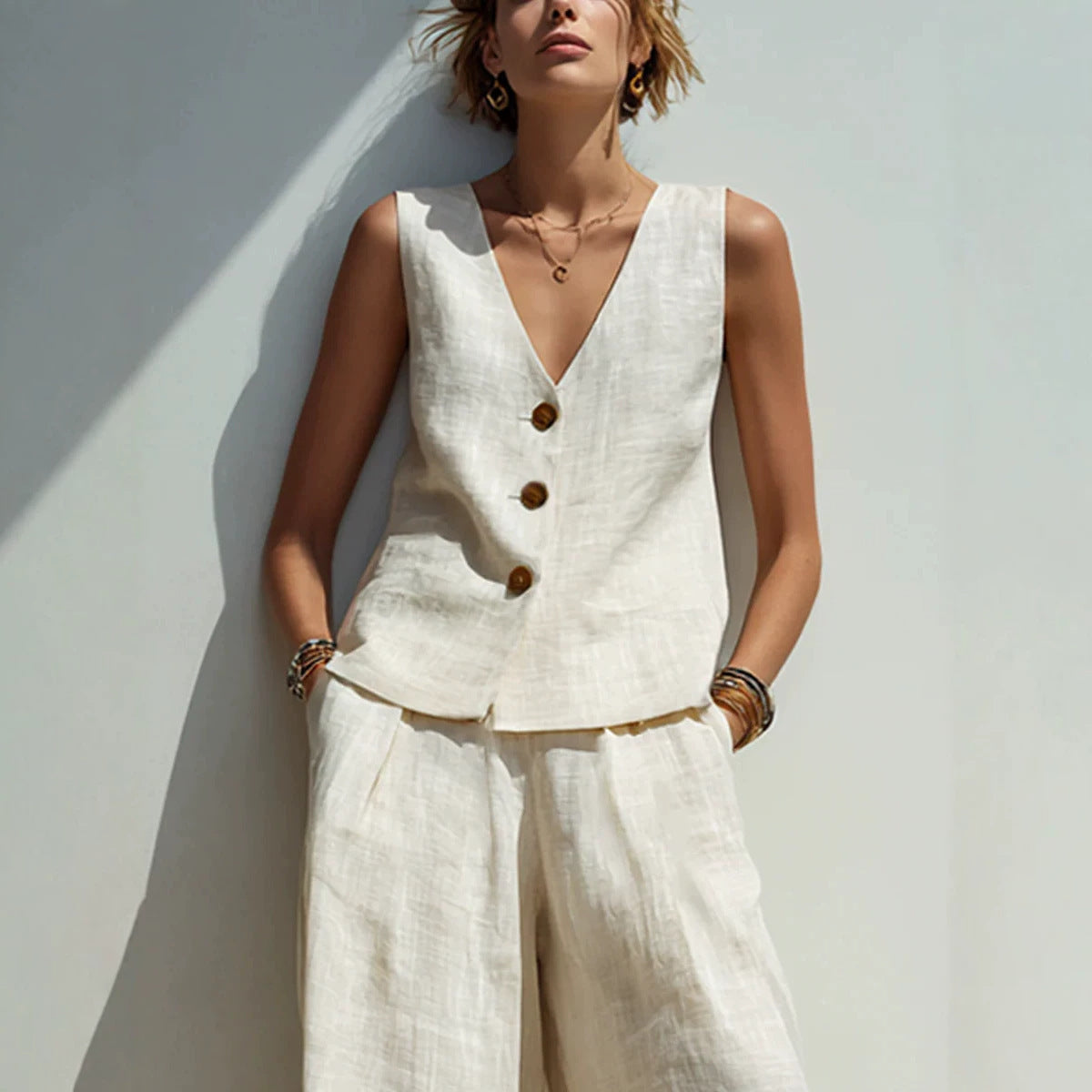 Linen Blend V-Neck Buttoned Vest & High-Waist Wide-Leg Pants Set – 5 Colors S–3XL FitiqueFit