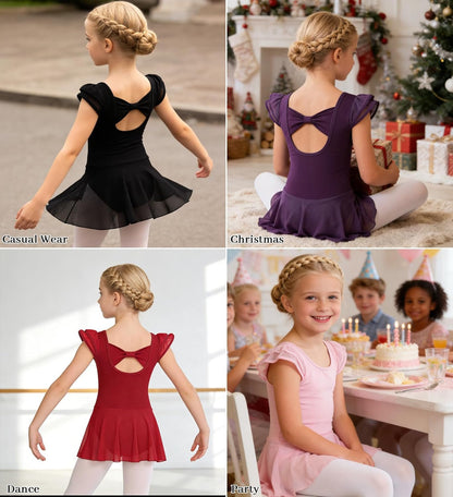 Girls’ Ballet Dance Leotards with Flutter Sleeve Petal Skirt and Bowknot Back