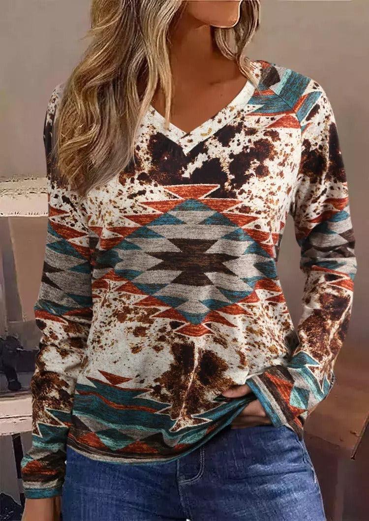 Tribal Roots V Neck Pullover | Boho Chic Long Sleeve T-Shirt Country in My Heart