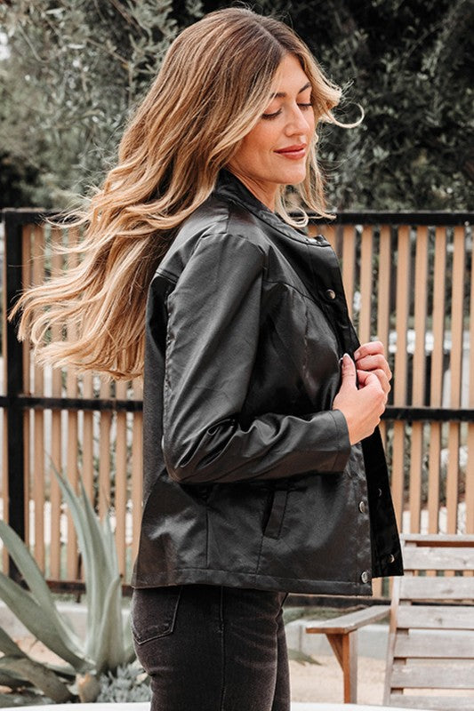 Faux Leather Button-Front Boxy Jacket See size chart under “more details” The Fashion Celestial