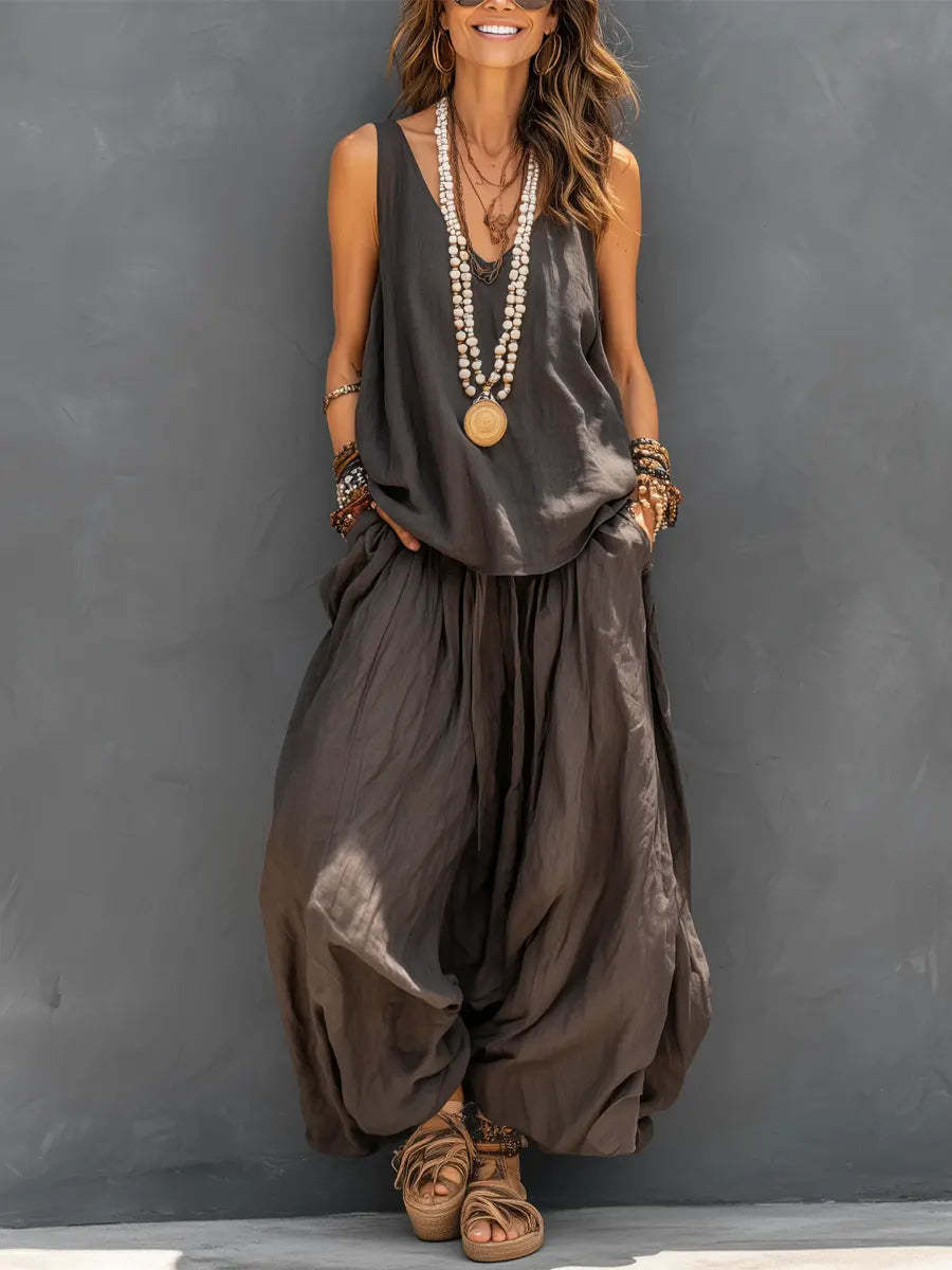 Women’s Cotton Linen Sleeveless Tank Top and Wide-Leg Pants Set FitiqueFit