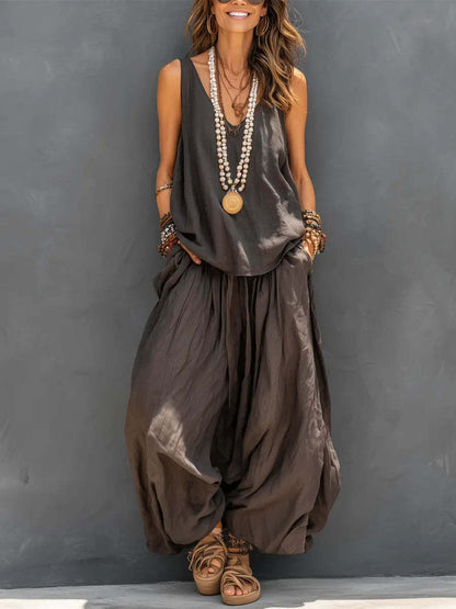 Women’s Cotton Linen Sleeveless Tank Top and Wide-Leg Pants Set FitiqueFit