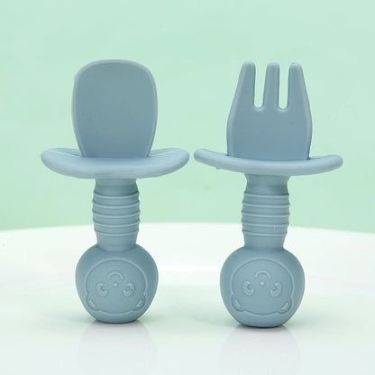 Licking Spoon for Baby Learning to Eat Training Spoon Short Handle Baby Supplementary Food Silicone Soft Spoon Fork Spoon Tableware 2-piece Set