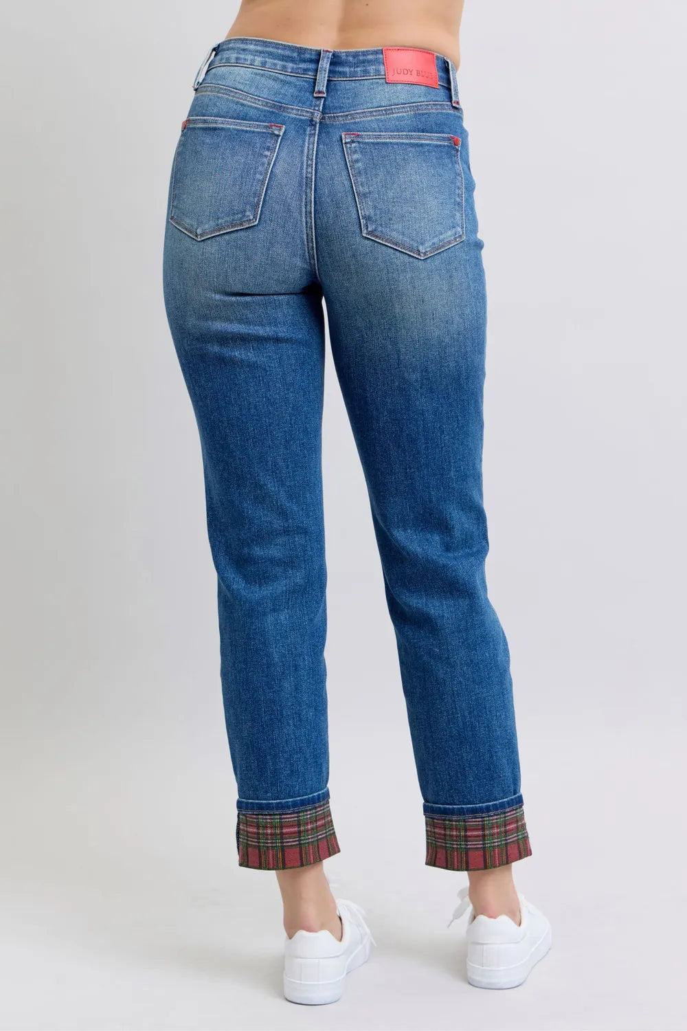 Judy Blue Full Size Plaid Print Cuff Straight Leg Jeans with Pockets New Era Fashion LLc
