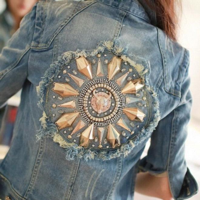 Cute Diamonds Encrusted Half Sleeve Denim Jacket Country in My Heart