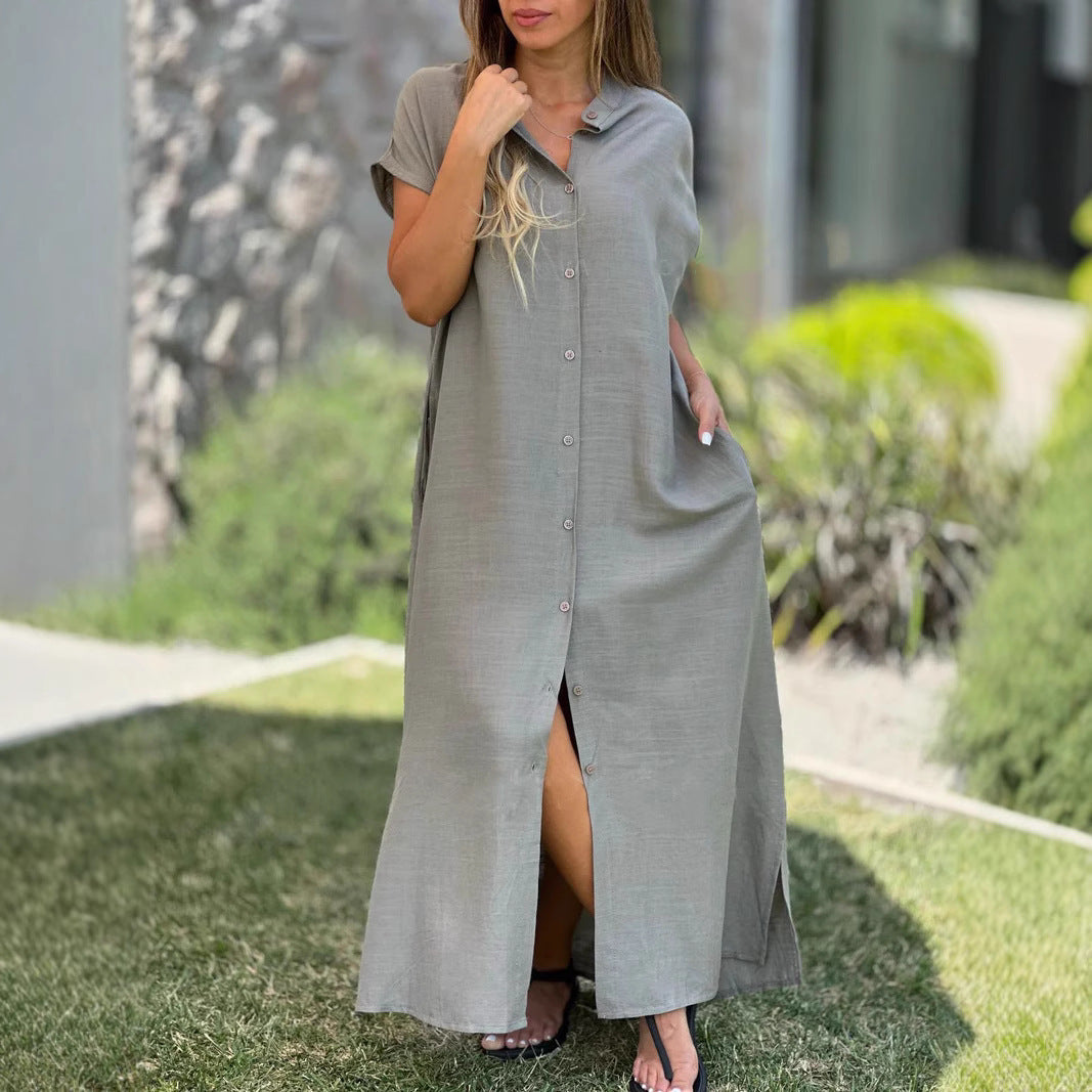 Cotton And Linen Casual Short-sleeved Cardigan Dress Grayceful LLC