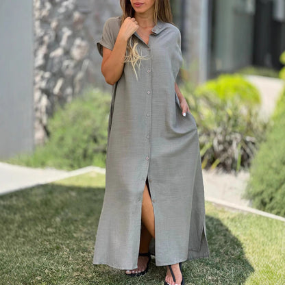 Cotton And Linen Casual Short-sleeved Cardigan Dress Grayceful LLC
