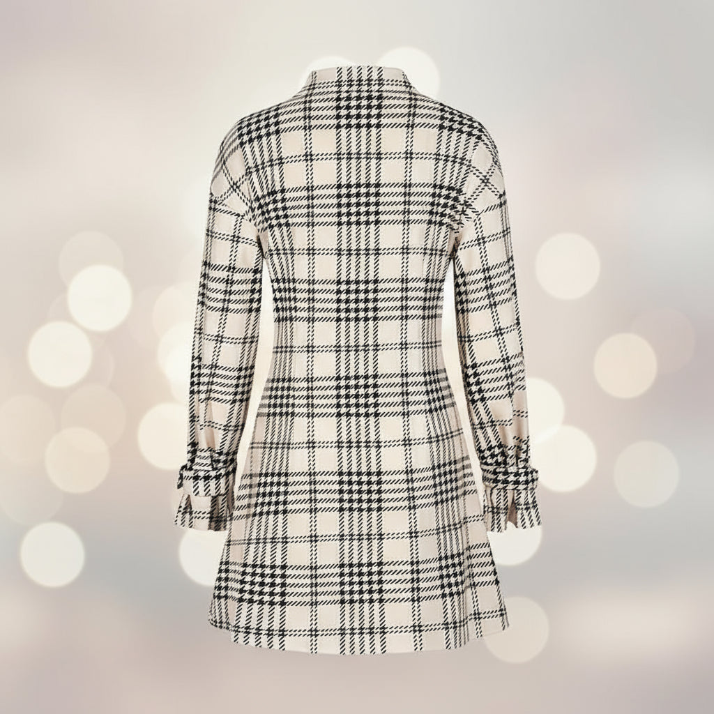 Elegant Plaid Shirt Dress — Ruched Waist A-Line Mini with Long Sleeves FitiqueFit