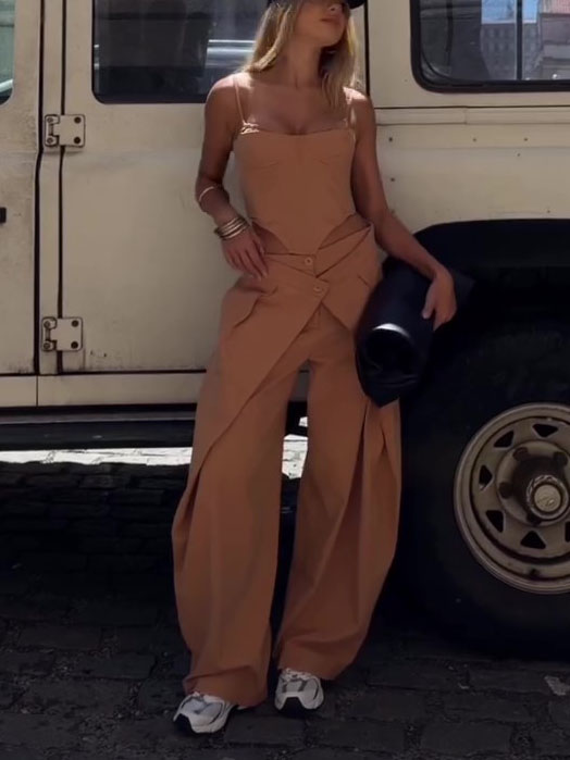 Spaghetti Strap Corset Top & Wide-Leg Pants Set – Camel, XS–2XL FitiqueFit
