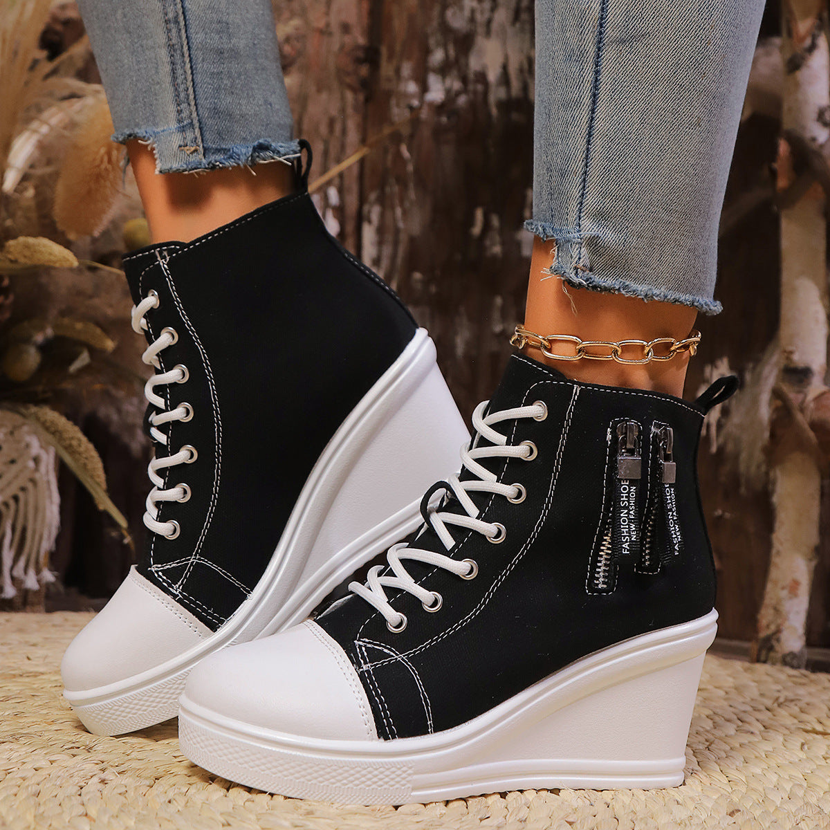 Women's Canvas Wedge Platform Lace-Up Sneakers FitiqueFit