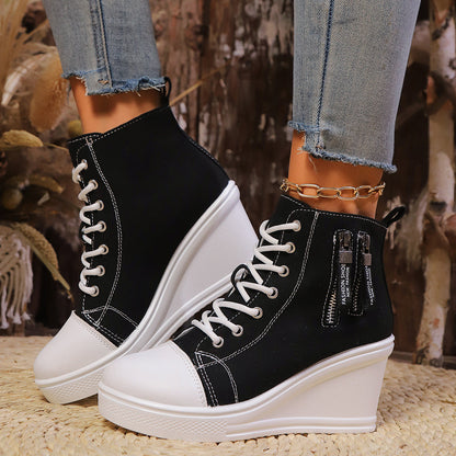 Women's Canvas Wedge Platform Lace-Up Sneakers FitiqueFit