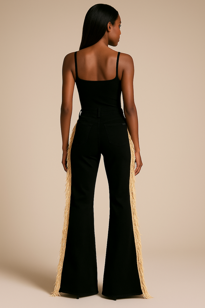 Made in USA Mid-Rise Black Bell Bottom Jeans with Beige Fringe & Stud Detail GJG DENIM