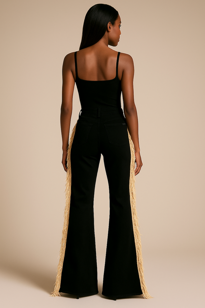 Made in USA Mid-Rise Black Bell Bottom Jeans with Beige Fringe & Stud Detail GJG DENIM