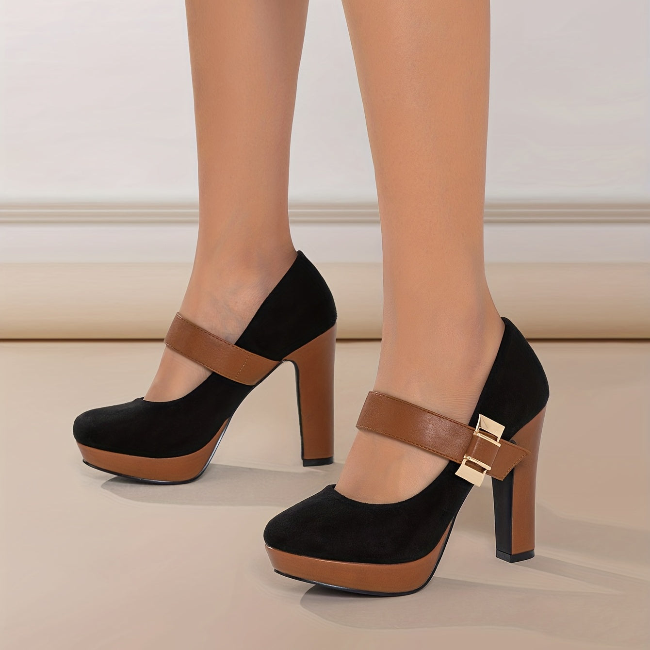 [Retro Heeled Pumps] Women's Retro Style Round Toe High Heeled Pumps, Buckle Platform Block Heel Shoes, Women's Footwear NovaCart