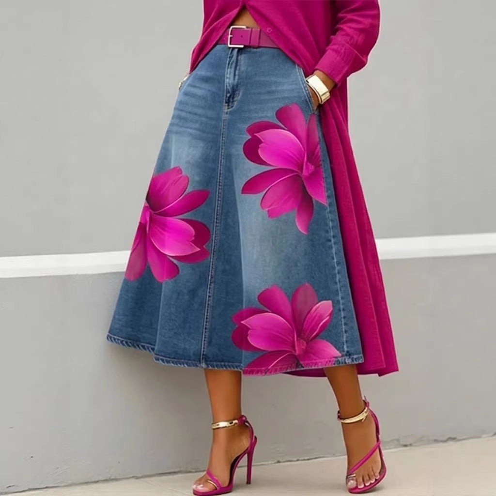 Women's Floral Print A-Line Midi Skirt – Denim-Style Boho Skirt FitiqueFit