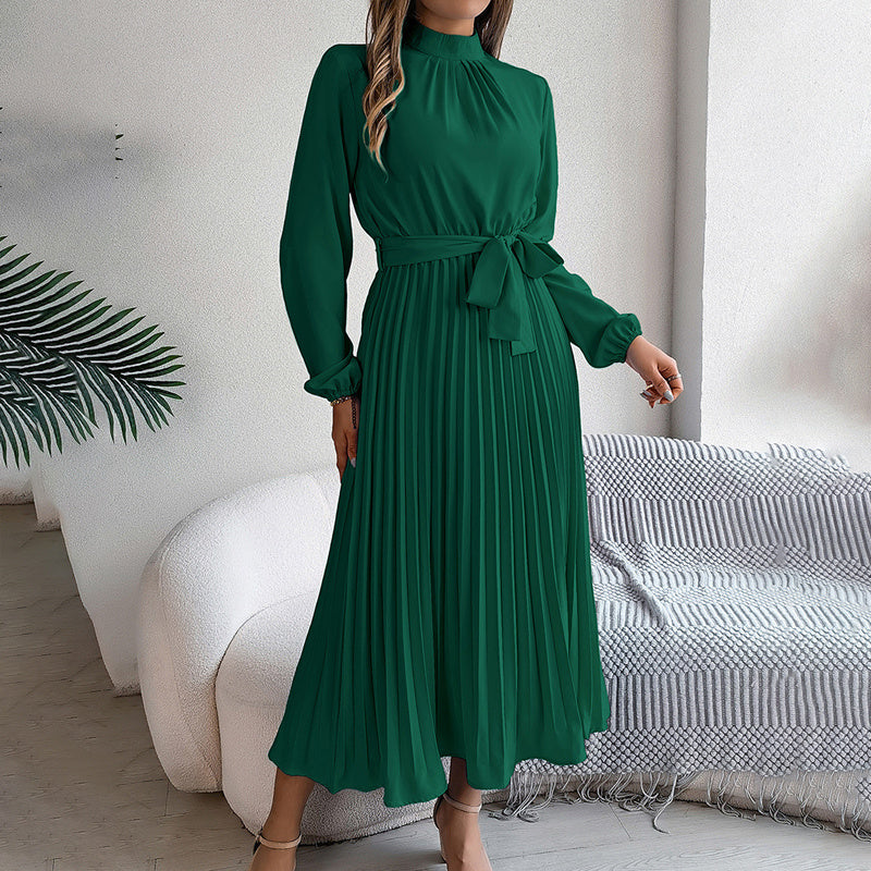 Elegant High Neck Long Sleeve Pleated Maxi Dress - Solid Color Flowy Dress For Women, Casual To Formal Wear Grayceful LLC