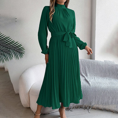 Elegant High Neck Long Sleeve Pleated Maxi Dress - Solid Color Flowy Dress For Women, Casual To Formal Wear Grayceful LLC