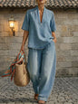 Retro V-Neck Washed Denim Top & Wide-Leg Pants Set – 3 Colors, S–3XL FitiqueFit