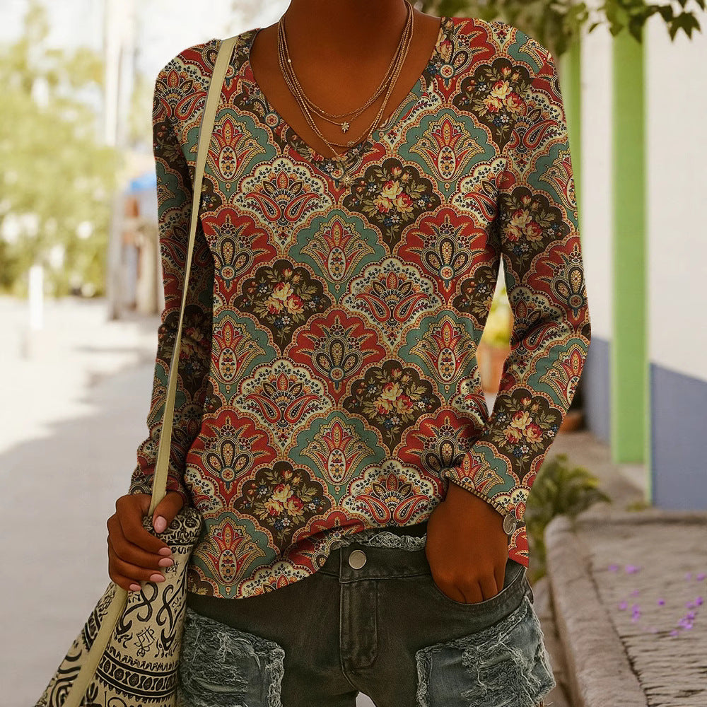 Women's Ethnic Print V-Neck Long-Sleeve Pullover Top FitiqueFit