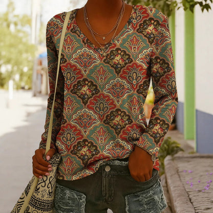 Women's Ethnic Print V-Neck Long-Sleeve Pullover Top FitiqueFit
