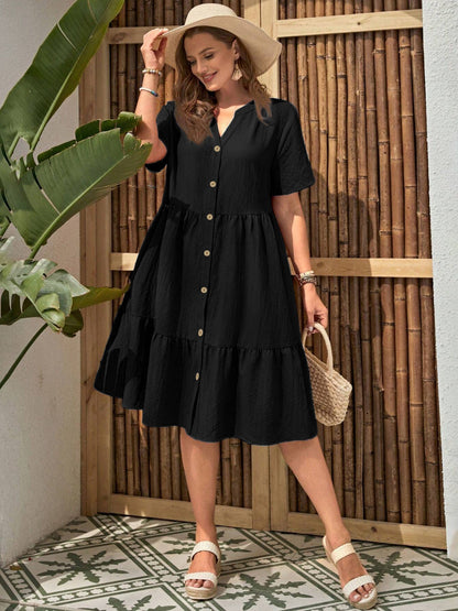 Plus-Size Button-Front V‑Neck Midi Dress FitiqueFit