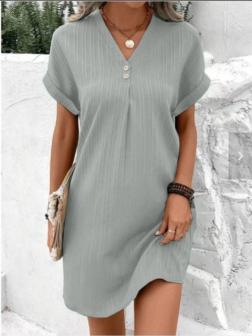 Button-Front V-Neck Dress – Short Sleeve Solid Casual Shirt Dress FitiqueFit