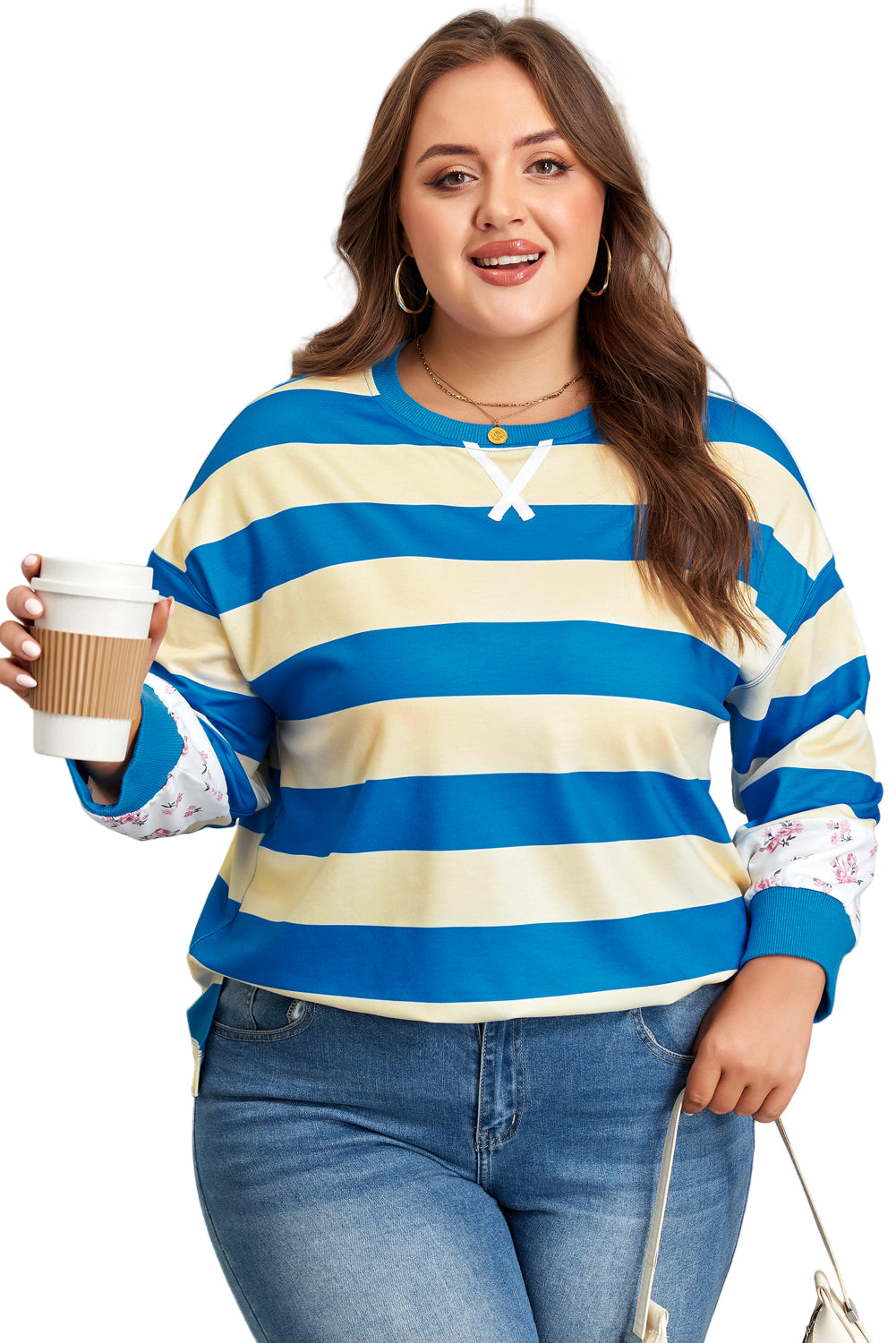 Blue Stripe Floral Color Block Drop Shoulder Plus Size Pullover Top Garden Naked Curves