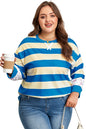 Blue Stripe Floral Color Block Drop Shoulder Plus Size Pullover Top Garden Naked Curves