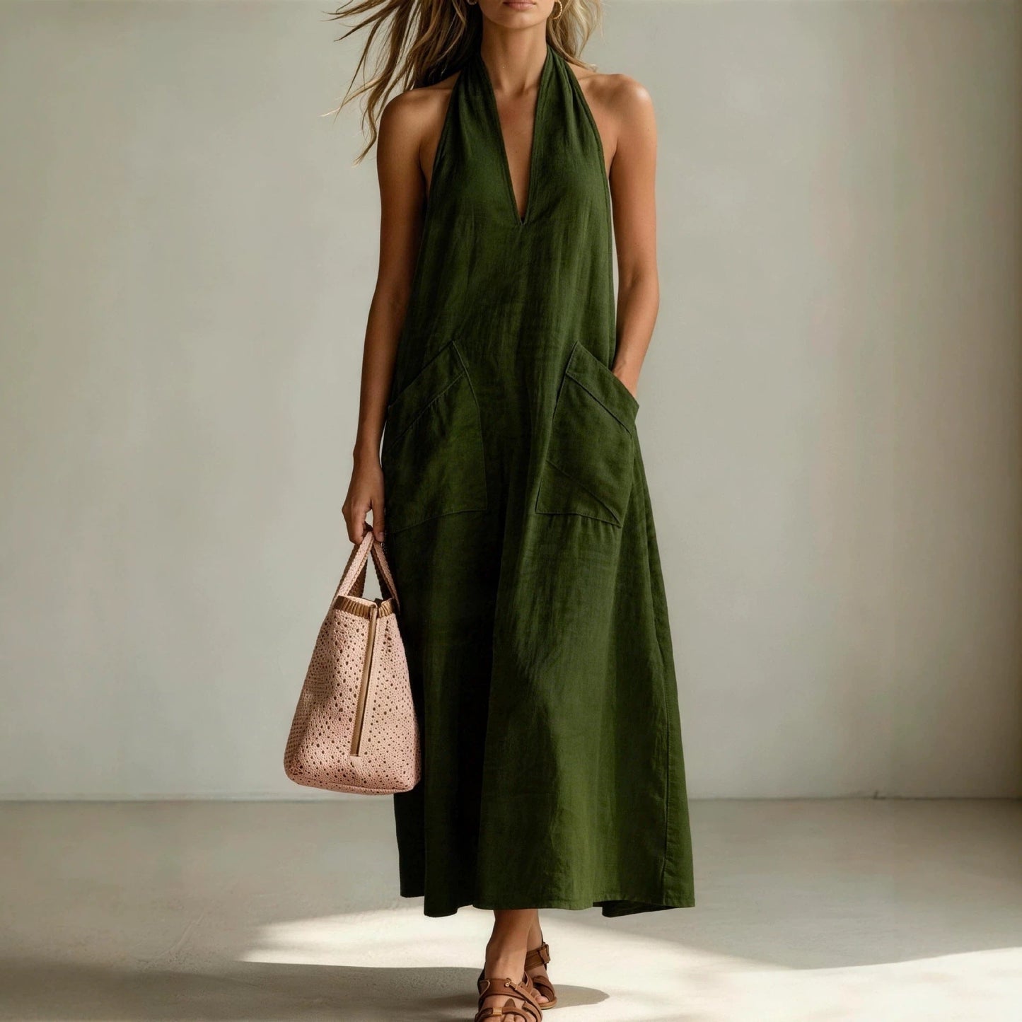 Cotton Halterneck Sleeveless Deep V-Neck Loose Straight-Line Dress FitiqueFit