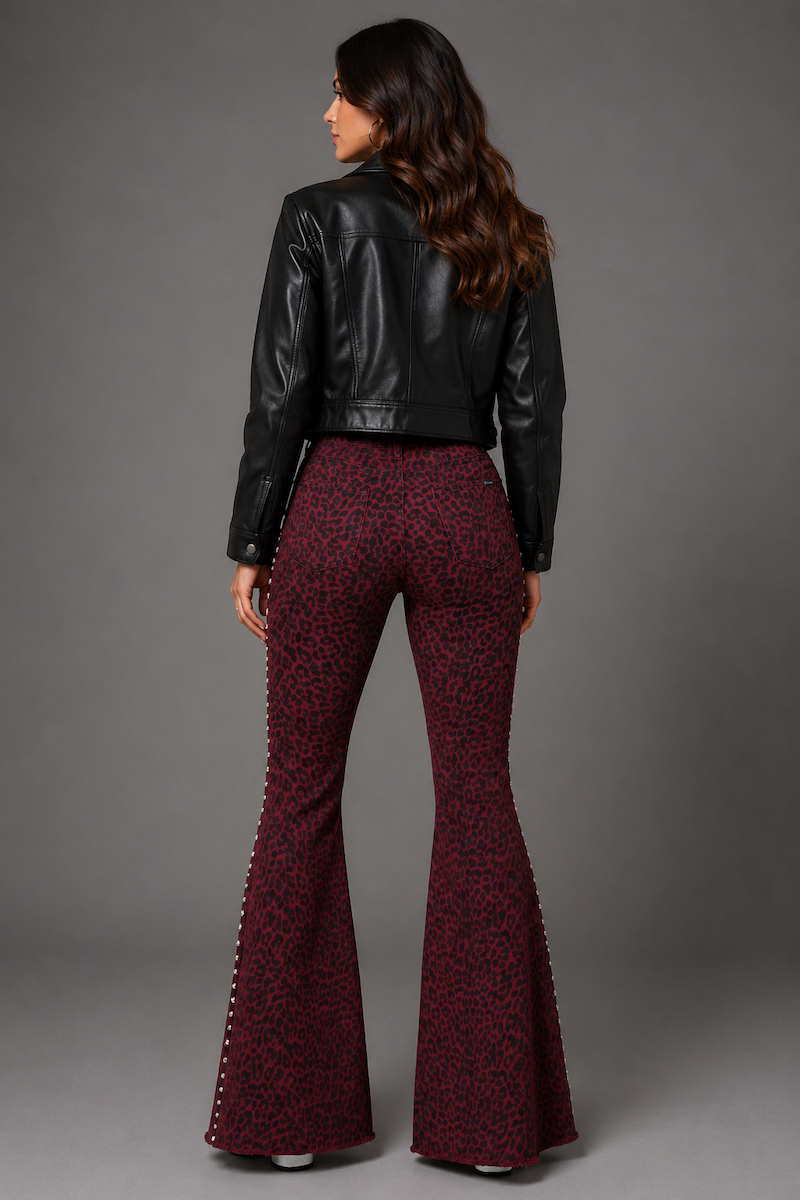 Studded Leopard Print Bell Bottom Pant in Wine GJG DENIM