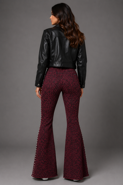 Studded Leopard Print Bell Bottom Pant in Wine GJG DENIM