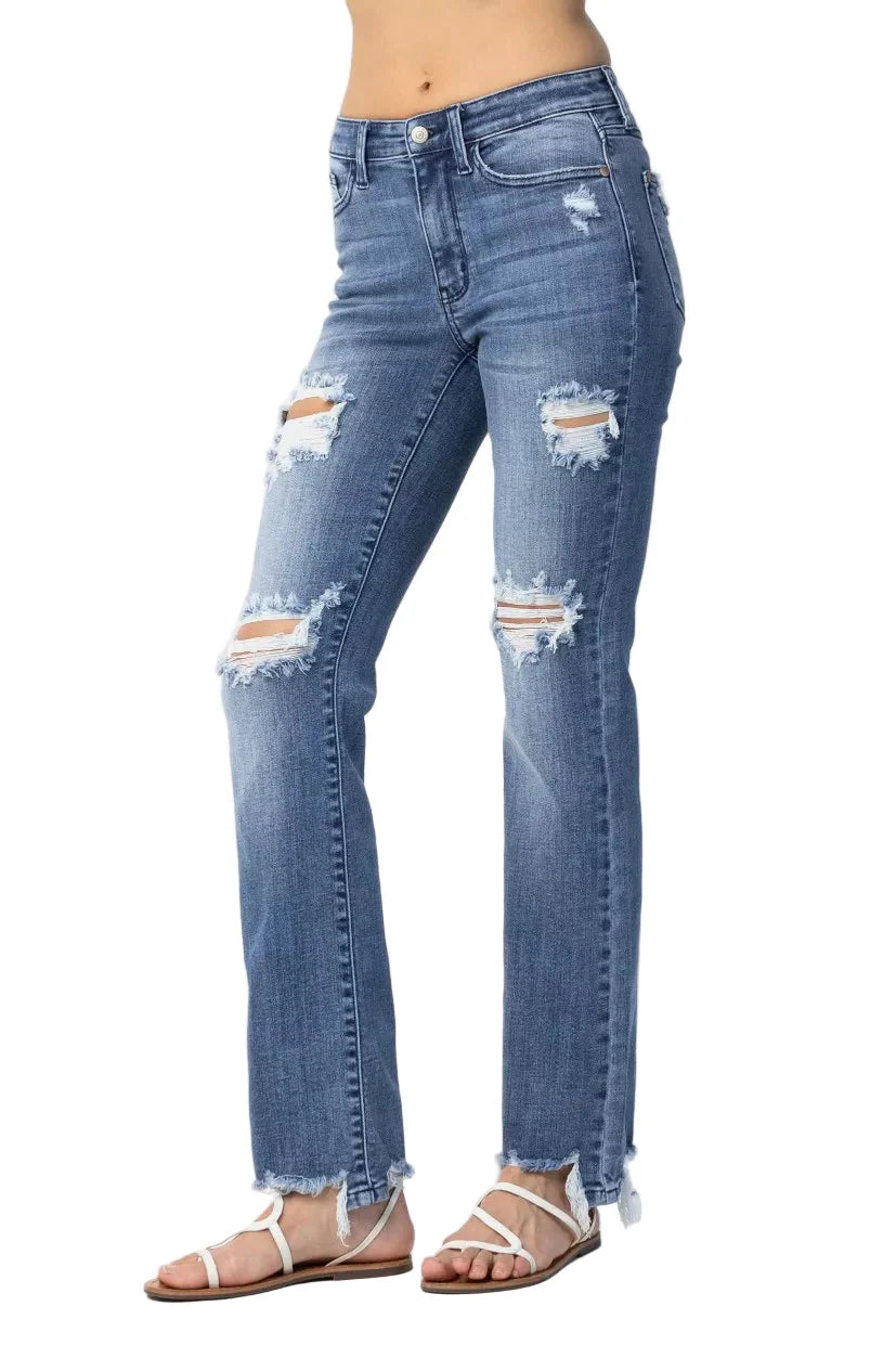 Judy Blue Full Size Mid Rise Destroy Straight Jeans Plus Size Garden Naked Curves