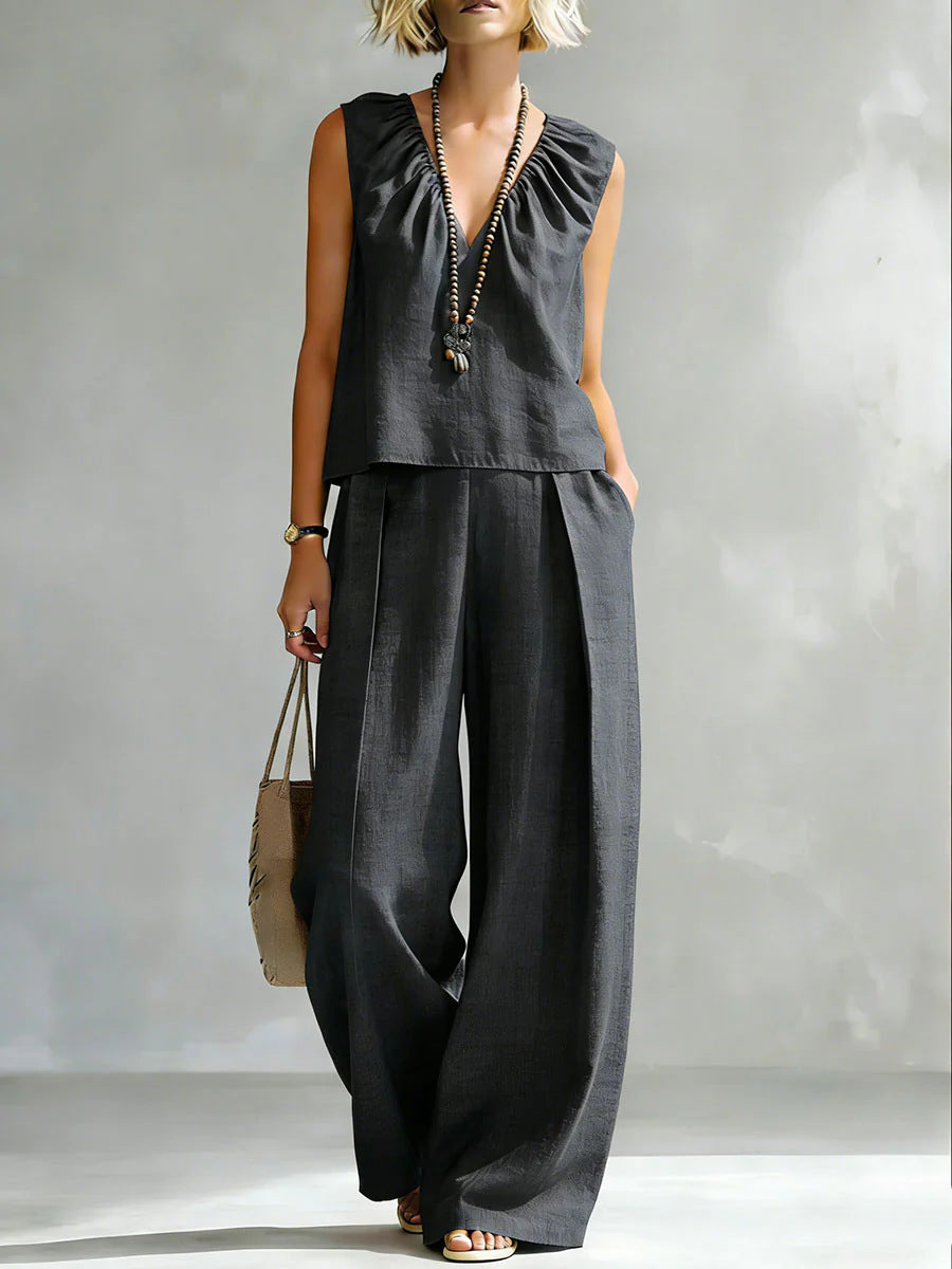 Women's Sleeveless Cotton-Linen Shirt & Pants Set – Urban 2-Piece FitiqueFit