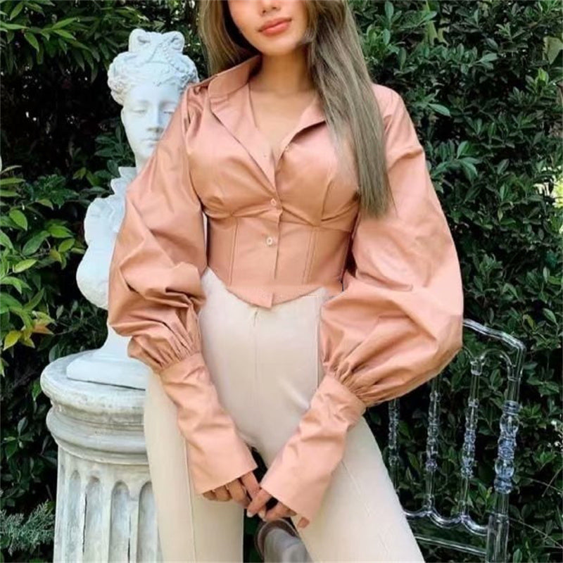 Women's Tie Waist Lapel Balloon Sleeve Shirt See size chart under “more details” The Fashion Celestial