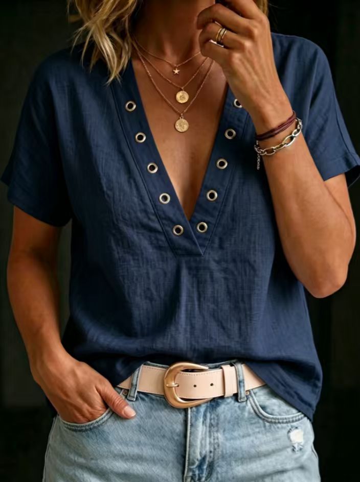 Women's V-Neck Short-Sleeve Loose-Fit Linen Shirt FitiqueFit