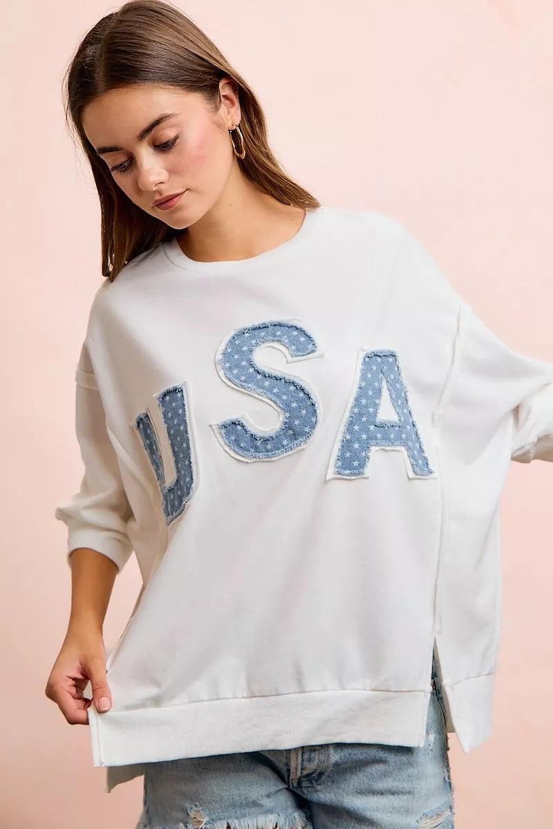 BiBi 4th Of July Usa Letter Patchwork French Terry Top New Era Fashion LLc