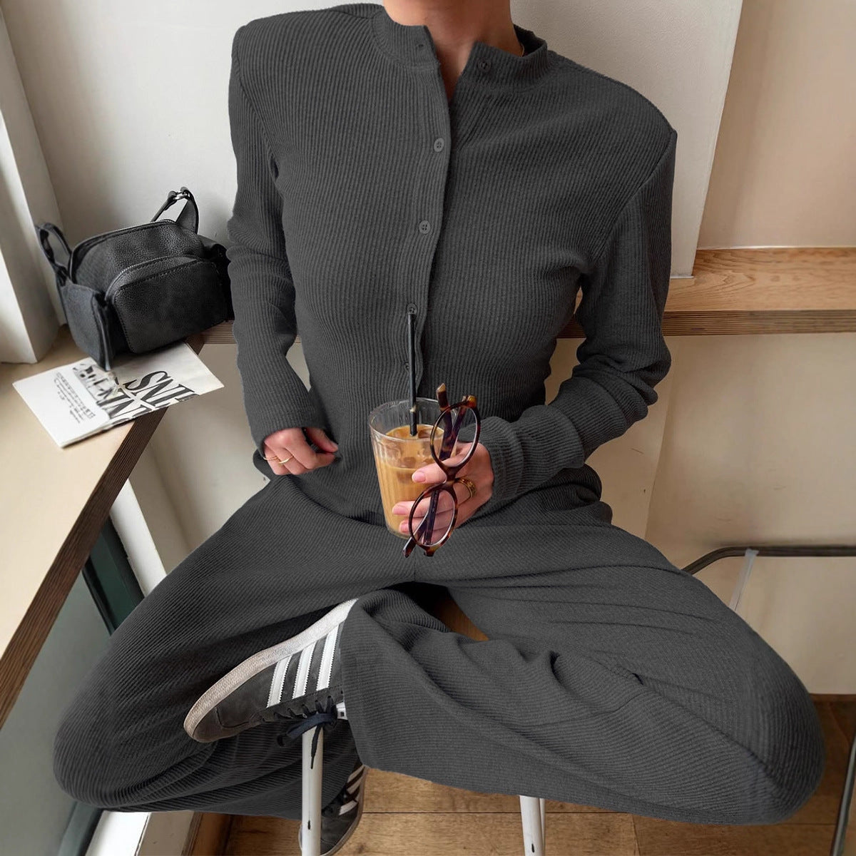Women's Half-High-Neck Ribbed Knit Cardigan & Button-Front Trousers Set FitiqueFit