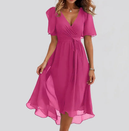 Chiffon Print V-Neck Dress – Elegant Two-Piece Set Midi Dress FitiqueFit